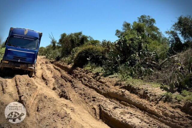 Truck stuck on ruts in the road in southern Madagascar Truck stuck on ruts in the road